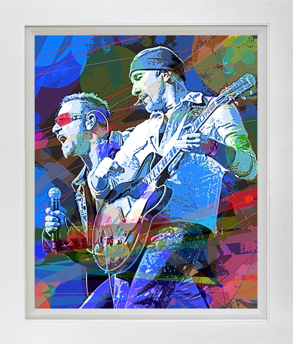David Lloyd Glover (American 1949) Bono and the Edge Hand Embellished Painting on canvas Artist: Hand Embellished Painting oil and ink on canvas by David Lloyd Glover Artist Proof Hand signed by the artist. On canvas image size Approx image size 18x24 inches Custom framed and includes certificate