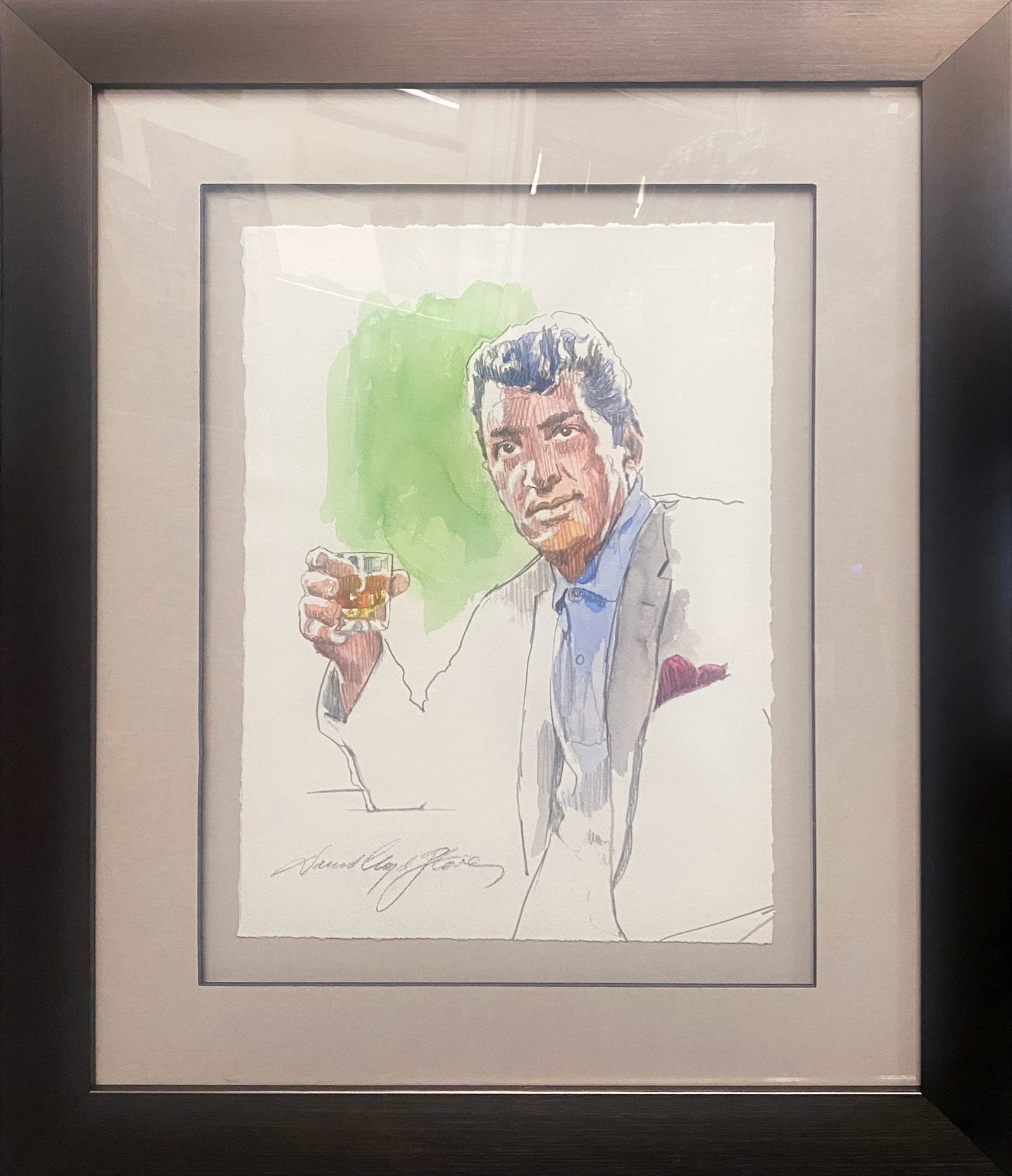 David Lloyd Glover (American 1949) Dean Martin Original Mixed Media Painting Painting on paper: Mixed media original on paper David Lloyd Glover Hand signed by the artist. On canvas image size Approx image size 18x24 inches Custom framed and includes certificate This work was purchased directly 