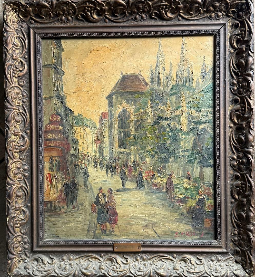 Artist: French Impressionist School, early 20th century, illegibly signed Title: Market Day beside: Artist: French Impressionist School, early 20th century, illegibly signedTitle: Market Day beside the Church of Saint-Jacques, DieppeMedium: Oil on wood panelDimensions: 42 × 38 cm (16.5 × 15 in)Pro