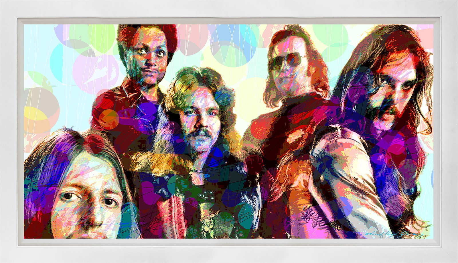 David Lloyd Glover (American 1949) The Doobie Brothers 1987 15x30 Mixed Media Original: Mixed media on canvas by David Lloyd Glover Hand signed by the artist. On canvas image size. Approx image size 18x24 inches. Custom framed and includes certificate. This work was purchased directly fr