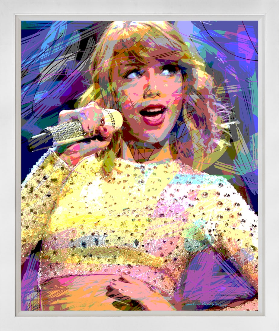 David Lloyd Glover (American 1949) Taylor Swift -The Voice Mixed media Original Painting on canvas: Taylor Swift -The Voice Mixed media Original Painting on canvas by David Lloyd Glover Hand signed by the artist. Custom framed and includes certificate from the artist. Approx 24x18 image size and 30x