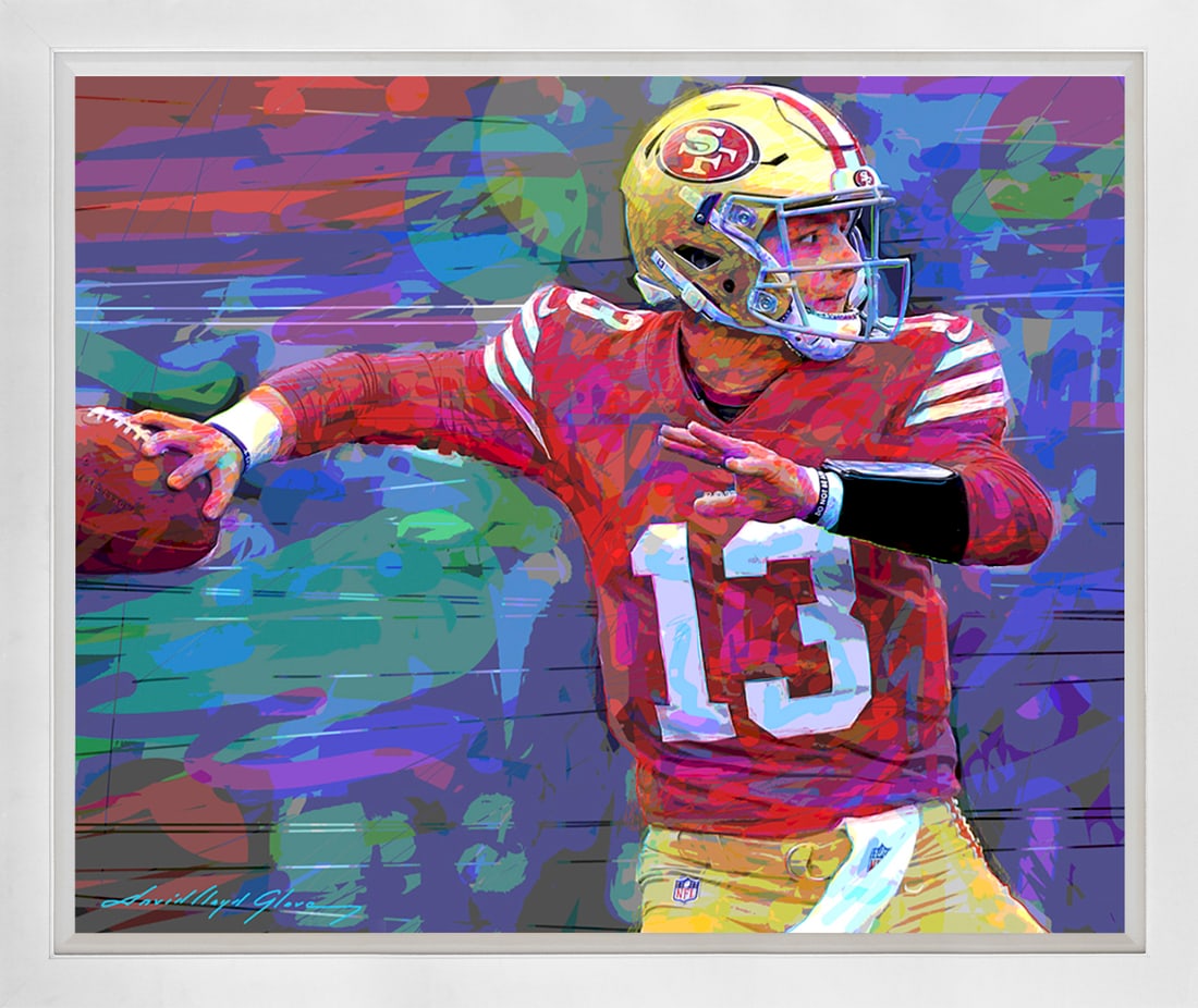 David Lloyd Glover (American 1949) Brock Purdy QB San Francisco Original Mixed Media Painting on: Brock Purdy QB San Francisco Original Mixed Media Painting on canvas by David Lloyd Glover Hand signed by the artist. Custom framed and includes certificate from the artist. Approx 24x18 image size an