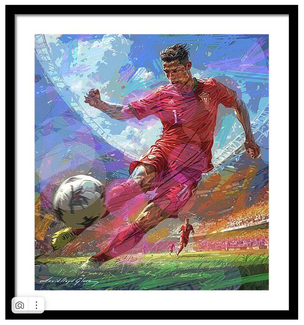 David Lloyd Glover (American 1949) Original Mixed Media Painting on canvas by David Lloyd Glover: Christiano Ronaldo Original Mixed Media Painting on canvas by David Lloyd Glover. Approx 30x24 inches and 24x18 inches image size. Custom framed and includes certificate of authenticity. Art Artwork A
