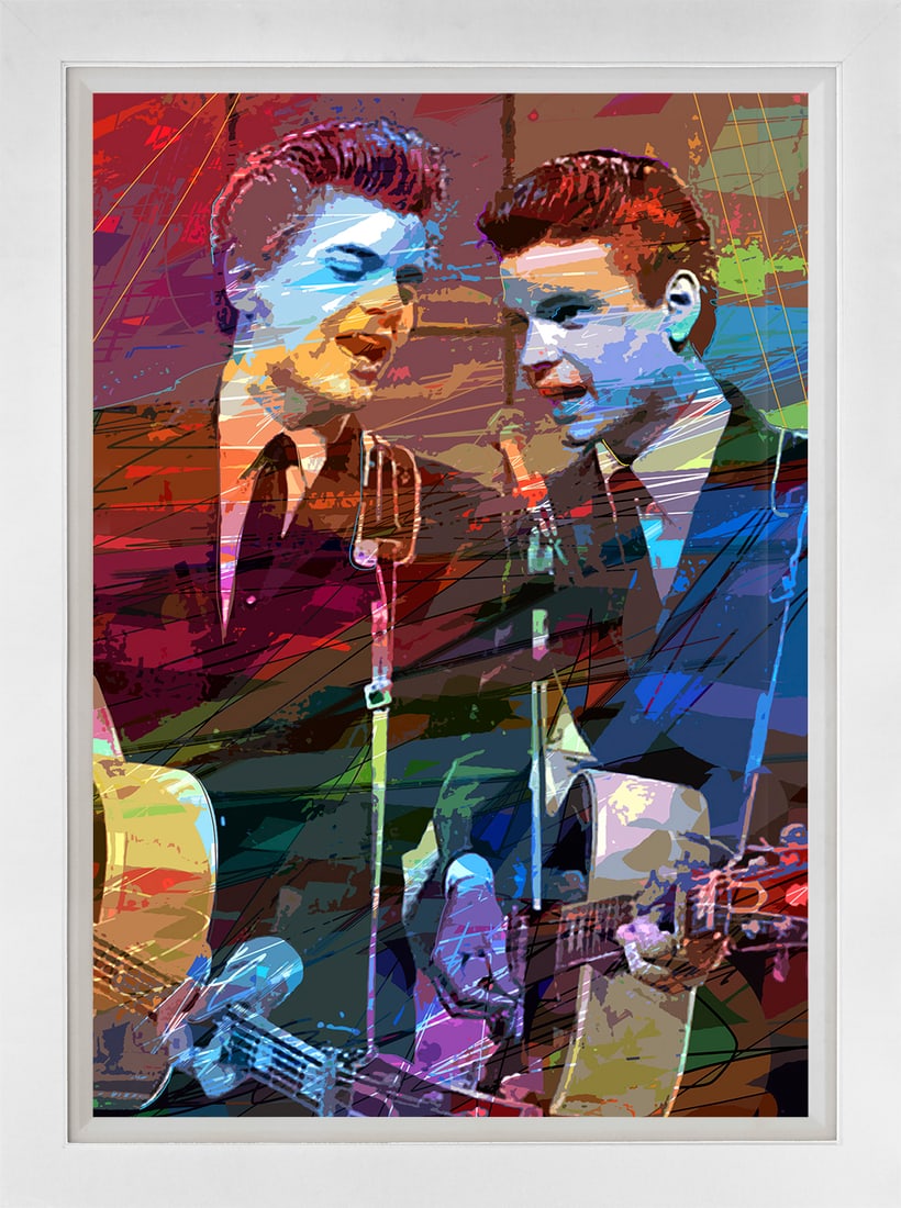 David Lloyd Glover (American 1949) Don & Phil Everly Mixed Media Original Painting on canvas by: Mixed media on canvas by David Lloyd Glover Hand signed by the artist. On canvas image size. Approx image size 18x24 inches. Custom framed and includes certificate. This work was purchased directly fr