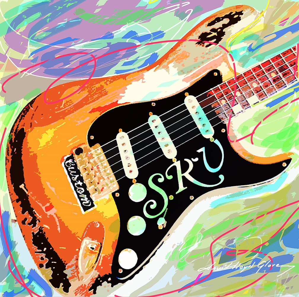 David Lloyd Glover (American 1949) Stevie Ray Vaughn Stratocaster Original Mixed Media Painting on: Stevie Ray Vaughn Stratocaster Original Mixed Media Painting on canvas David Lloyd Glover Hand signed by the artist. On canvas image size. Approx image size 18x24 inches Custom framed and includes cer