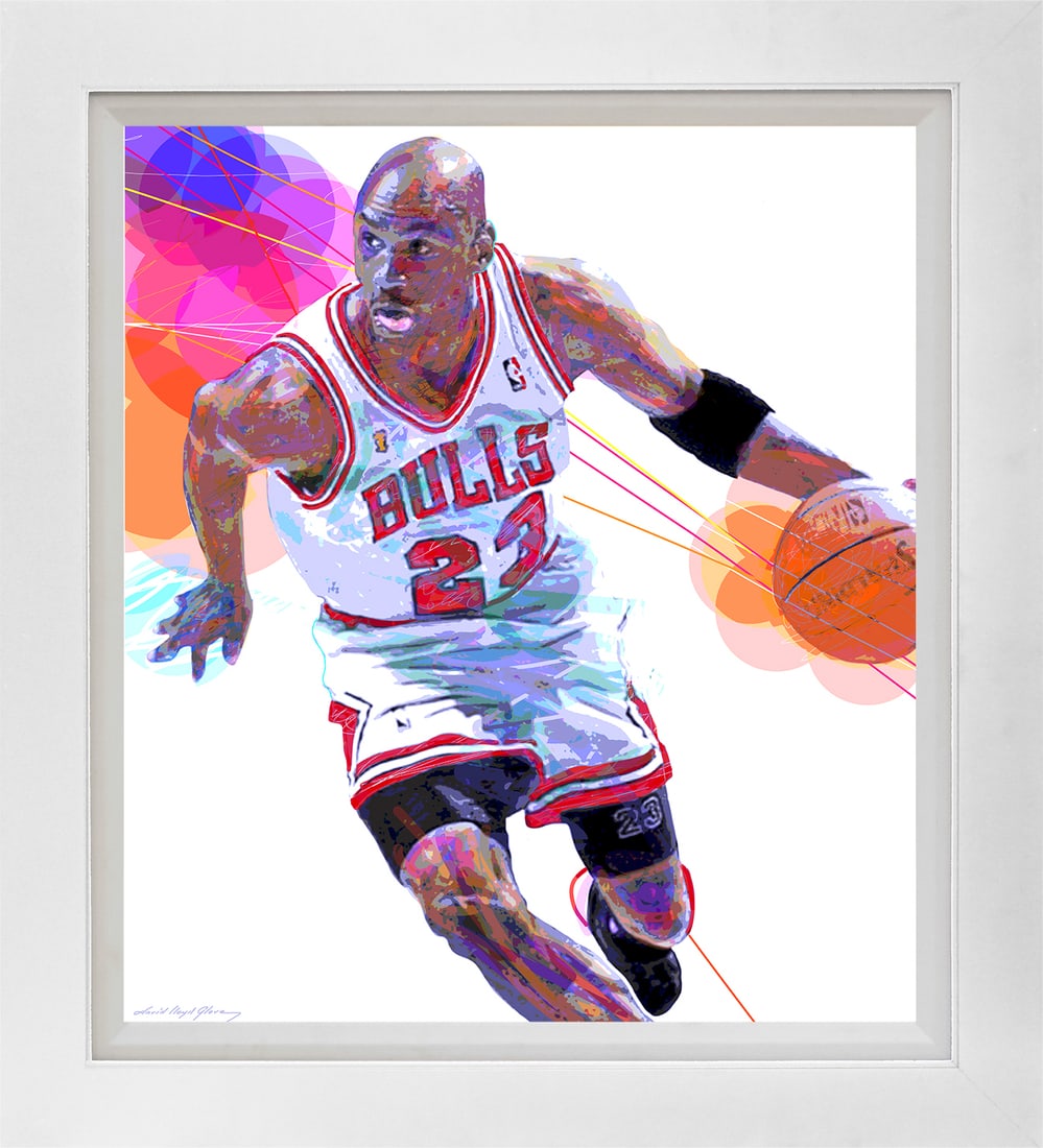 David Lloyd Glover (American 1949) Michael Jordan Original Mixed Media Painting on canvas Chicago: Michael Jordan Chicago Bulls on canvas by David Lloyd Glover Hand signed by the artist. On canvas image size. Approx image size 18x24 inches. Custom framed and includes certificate. This work was purc