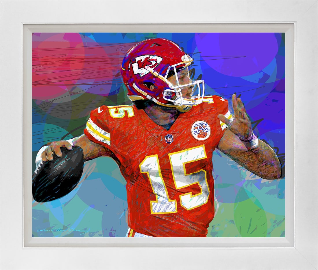 David Lloyd Glover (American 1949) Patrick Mahomes Superbowl Hand Embellished Painting oil painting: Patrick Mahomes Superbowl Hand Embellished Painting on canvas by David Lloyd Glover Hand signed by the artist. On canvas. Approx image size 18x24 inches. Custom framed and includes certificate. This w