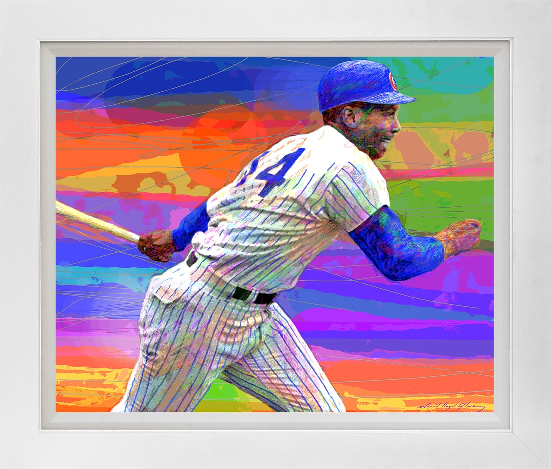 David Lloyd Glover (American 1949) Ernie Banks Mr. Cubs Mixed Media Original painting on canvas by: Ernie Banks Mr. Cubs Original Mixed Media Painting on canvas by David Lloyd Glover Hand signed by the artist. On canvas. Approx image size 18x24 inches. Custom framed and includes certificate. This wo