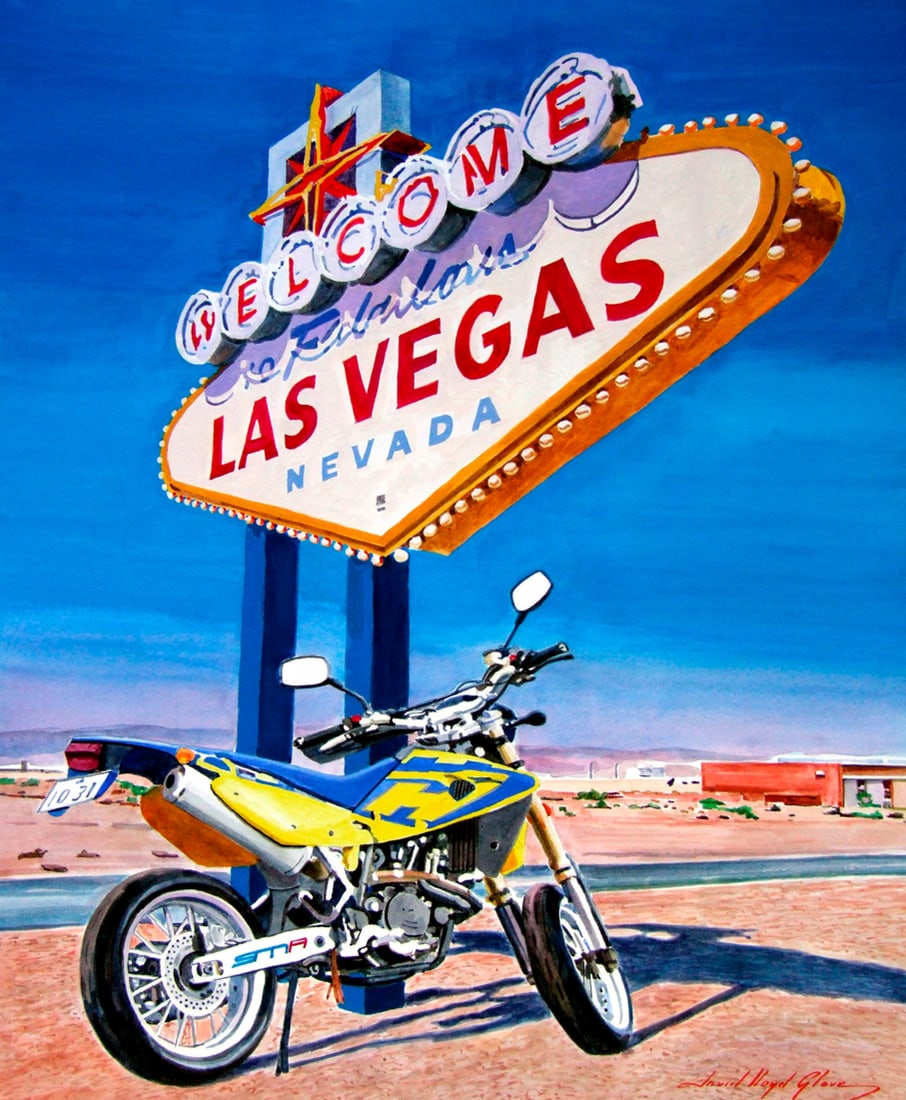 David Lloyd Glover (American 1949) Road Trip to Vegas Mixed Media Original Painting on canvas by: Mixed media on canvas by David Lloyd Glover Hand signed by the artist. On canvas image size Approx image size 30x22 inches Custom framed and includes certificate This work was purchased directly from 