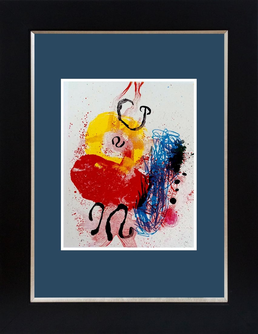 Joan Miro (Spanish 1893-1983) color plate Lithograph: Joan Miro (Spanish 1893-1983) 1959 Lithograph from Mourlot Press in Paris. Approx 20x24 inches. Professionally framed. Includes certificate of authenticity. Art Artwork Artist.