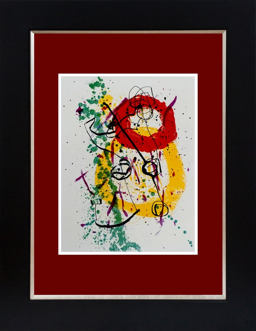 Joan Miro (Spanish 1893-1983) color plate Lithograph: Joan Miro (Spanish 1893-1983) 1959 Lithograph from Mourlot Press in Paris. Approx 20x24 inches. Professionally framed. Includes certificate of authenticity. Art Artwork Artist.