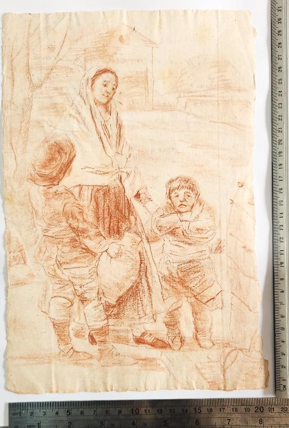 FRANCISCO DE GOYA (Spanish School, (1746-1828) ORIGINAL SANGUINE FRANCISCO DE GOYA PEASANT WOMAN: ORIGINAL SANGUINE FRANCISCO DE GOYA PEASANT WOMAN WITH CHILDREN AND A JUG CERTIFIEDFRANCISCO DE GOYA (Spanish School, 1746-1828) Sanguine on paper. 31 x 20 cm. On the back, wet stamp in red ink with t