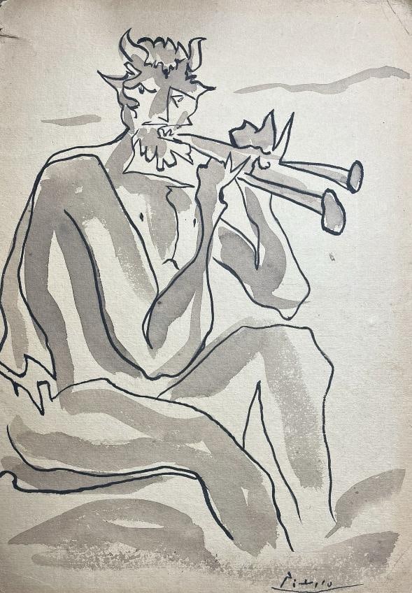 Pablo Picasso (Spanish 1881-1973) Fauno playing two clarinets Technique: Mix media on paper.: Pablo Picasso (Spanish 1881-1973) Fauno Playing Two ClarinetsTechnique: Mix media on paper.Condition: Good state of conservationSigned: PicassoMeasures: 37 x 27 cmProvenance: Private collection Art Ar
