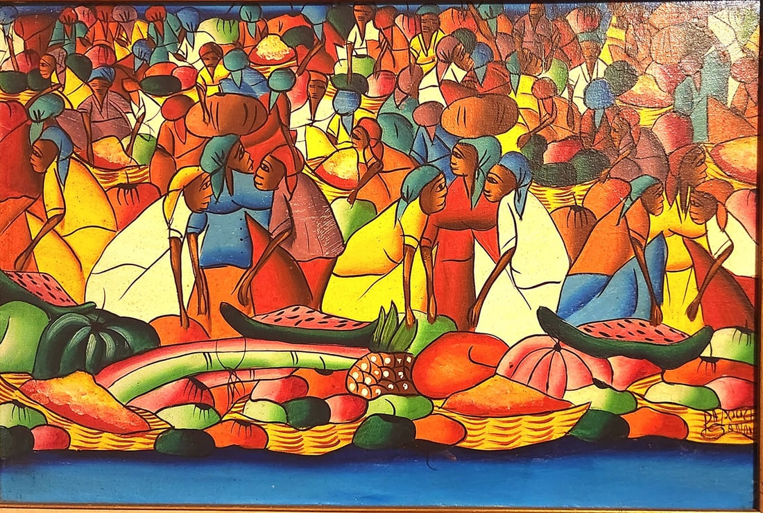 Sanon Roosevelt Oil painting on board Haitian: Sanon Roosevelt HERE IS A VERY INTERESTING WORK BY A HAITIAN ARTIST CALLED SANON ROOSEVELT. OIL ON board SIGNED BY SANON ROOSEVELT. AND MENTIONS A PLACE CALLED DA POUCH. MEASUREMENTS 23 in X 18 in. Ar