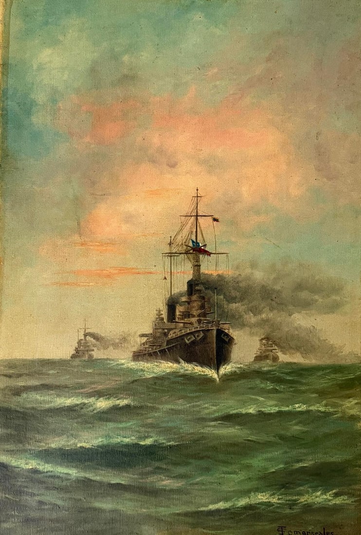 Painting 19th century Somer scales 88 Technique: painting on canvas Warships on the high seas: Painting 19th century Somerscales 88 Technique: painting on canvasWarships on the high seas Measures: 60x40 cmSigned: Lower right corner “Somerscales 88”Provenance: Private collection Art