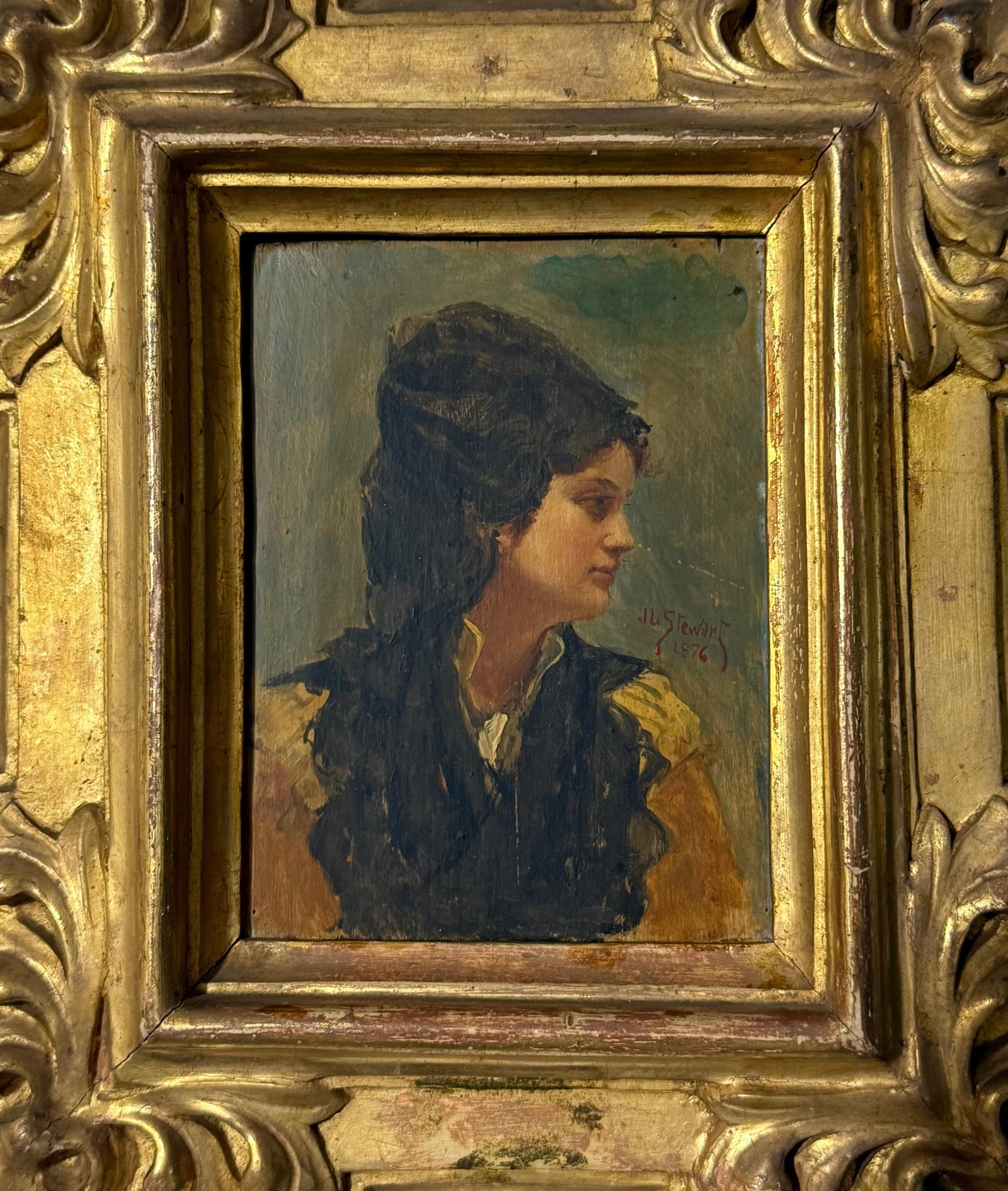Julius LeBlanc Stewart (1855-1919)-oil on wood: Julius LeBlanc Stewart (1855-1919) Technique: oil on woodTitle: Portrait of a WomanMeasurements: 14x11 cmSigned: J.L StewartDated: 1876Provenance: Private collection.BIOGRAPHY:Julius LeBlanc Stewart (