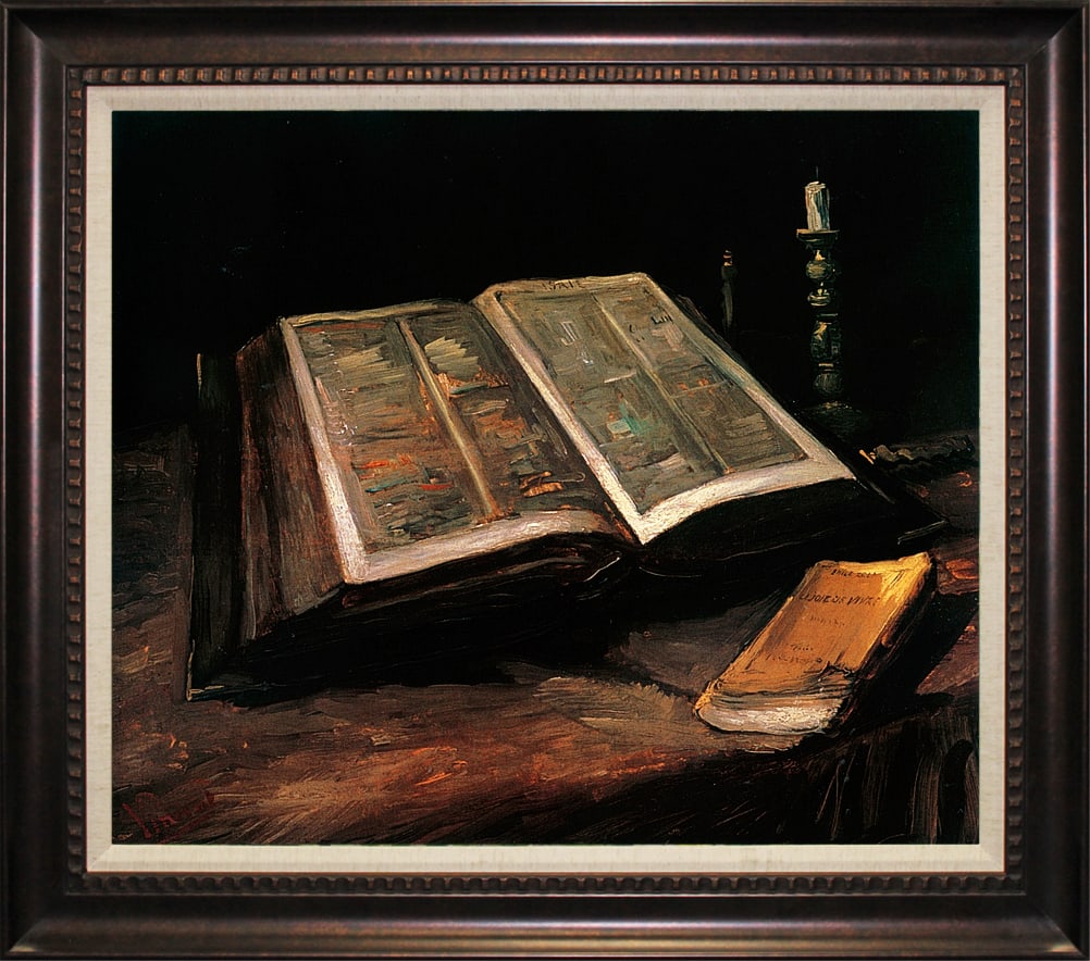 Vincent Van Gogh (Netherlands 1853-1890) Still Life with Bible Limited Edition-on canvas Hand Embel: Vincent Van Gogh (Netherlands 1853-1890) Still Life with Bible After Van Gogh Limited Edition-on canvas Hand Embellished Painting ink on canvas. Still Life with Bible. Includes documentation Approx 27