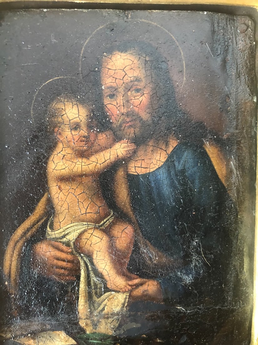 Original OIl on metal 15th century St Joseph: Anonymous 18th century oil on metal Religious Jose with child Jesus. St. Joseph. Oil on metal requires some restoration. 17x12.5 cm. Provenance: Private Collection and available upon request. Art Artw