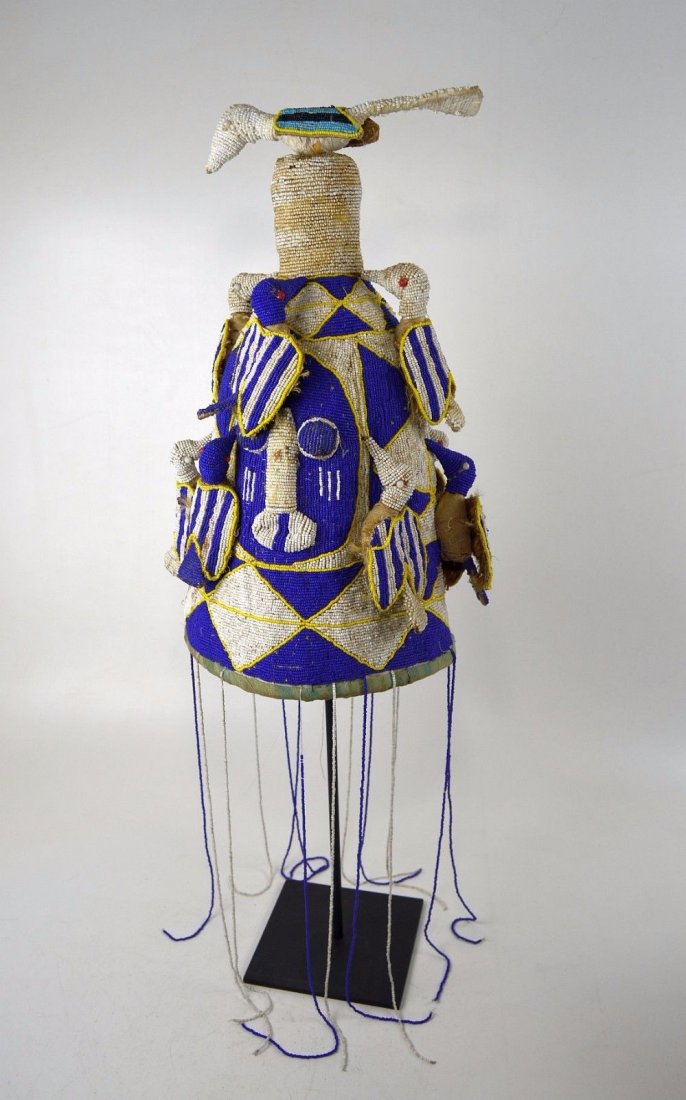 A Fine Yoruba Beaded Crown with Avian images, Blue,Whit (1 of 5)