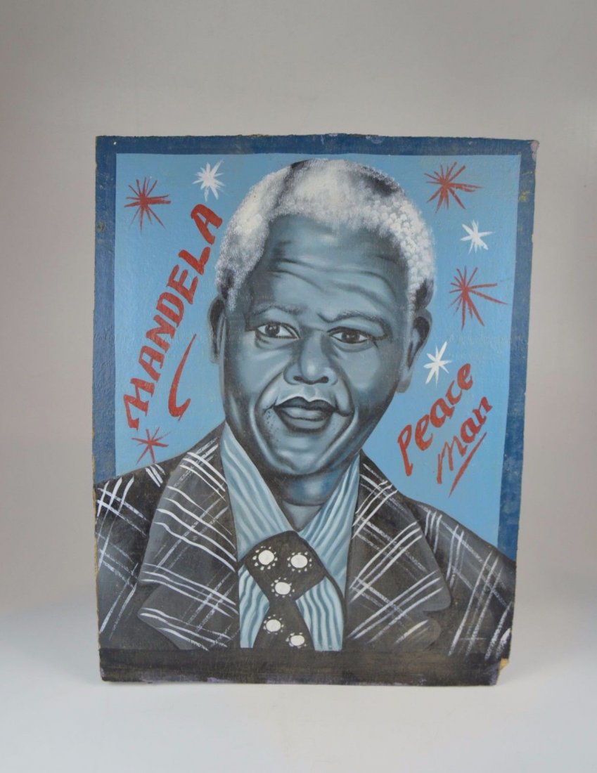 Nelson Mandela Portrait Vintage African Babershop Sign: This is a wonderful vintage hand painted wooden barbershop style sign from Ghana, Africa. Painted in a wonderful bluish color with a portrait of Nelson Mandela , and the Words "Peace man" and "Mandela