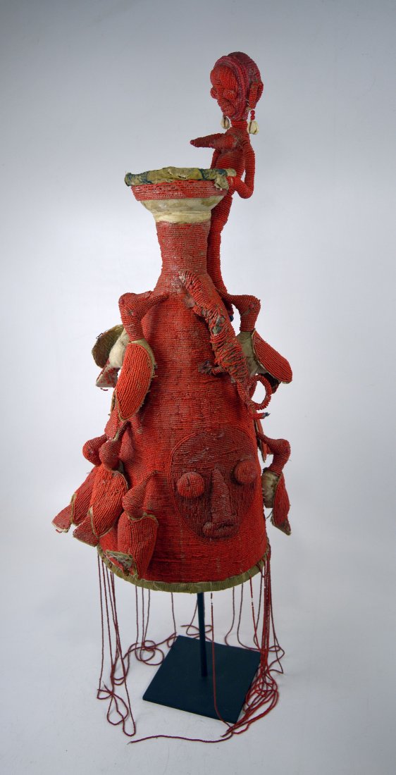 RED Yoruba Beaded Crown with Female,Reptile & Birds (1 of 6)