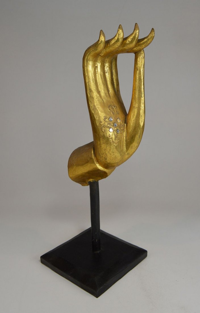 Carved wooden Buddhist Hand Mudra, Meditation, Yoga: A vintage carved wooden hand of a Buddhist mudra or meditation pose. Collected in central Bali, Tegallalan village, hand carved and painted wood. The hand measures 17 inches tall.