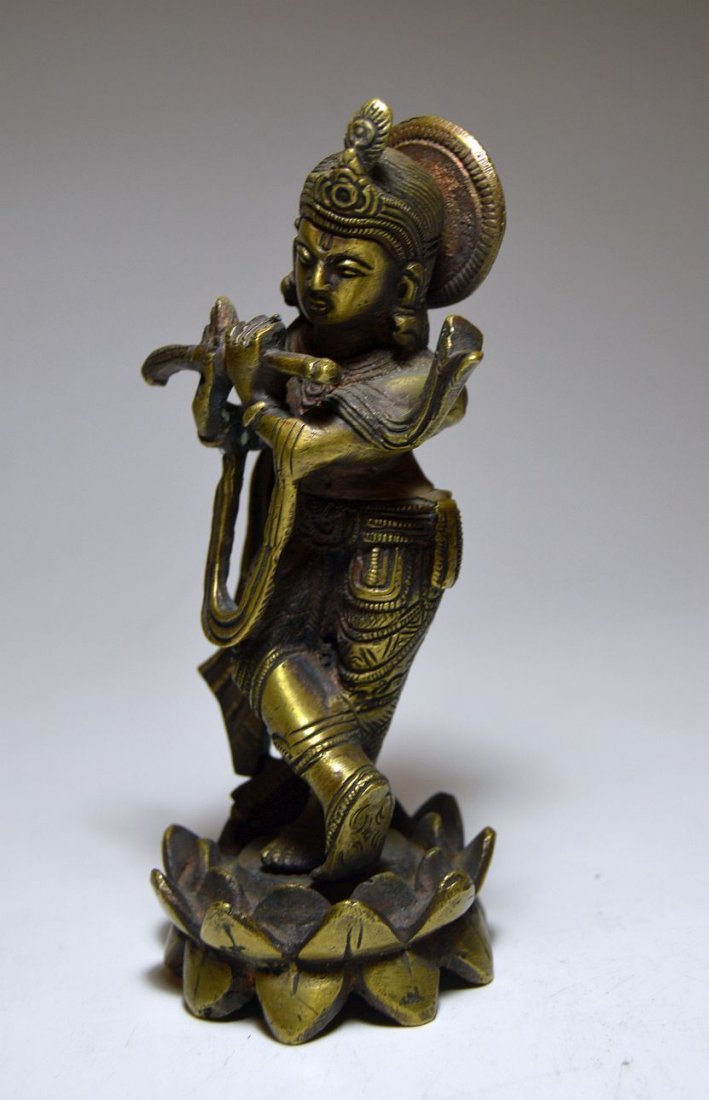 Vintage bronze Krishna sculpture playing Flute, India (1 of 3)