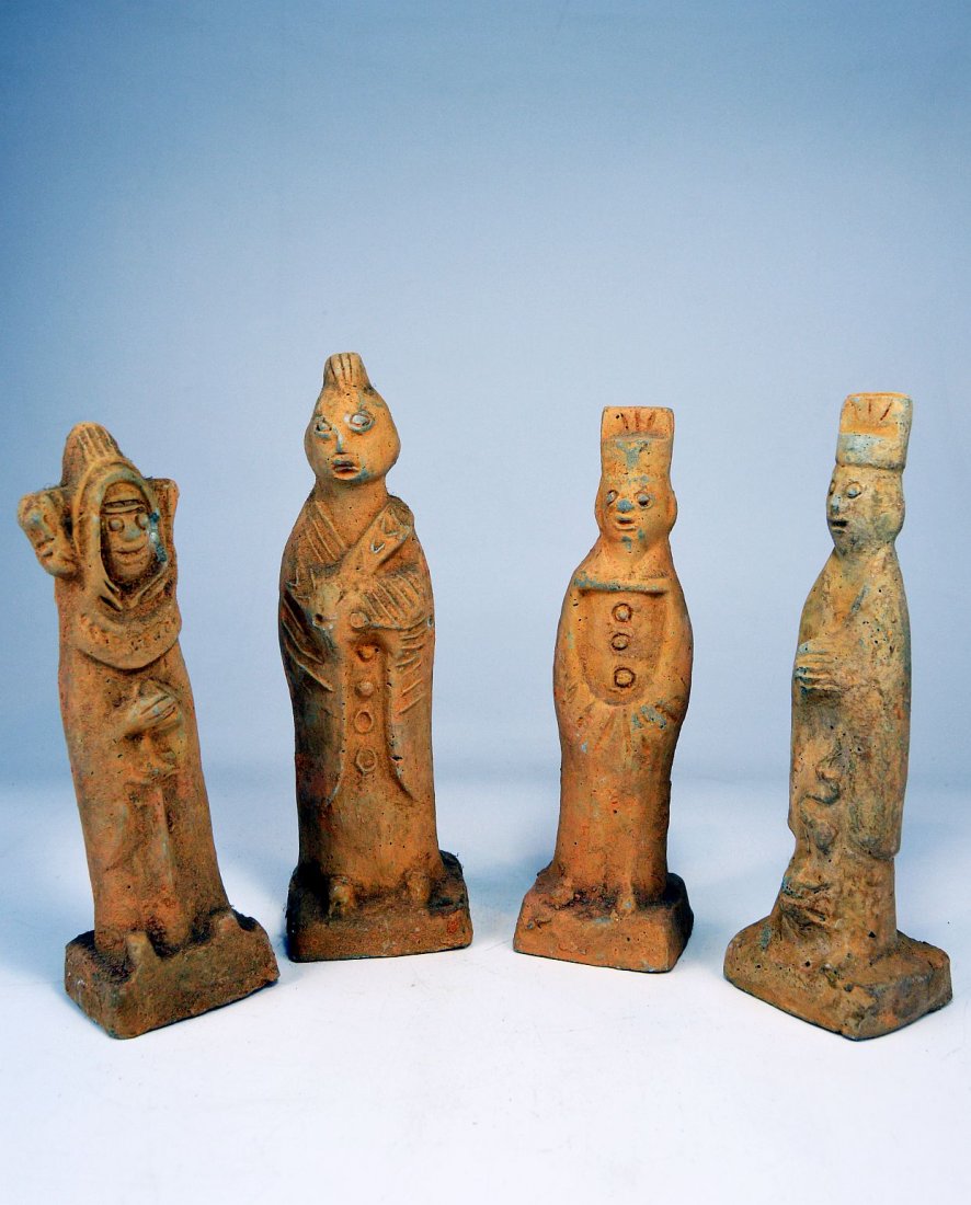 Lot of Four Chinese Terracotta Tomb figures: This is a lot of four (4) Terracotta memorial or tomb figures from China. Age unknown, possibly ancient. The tallest measures 9.25 inches tall. Ex Steve Tobin Collection.