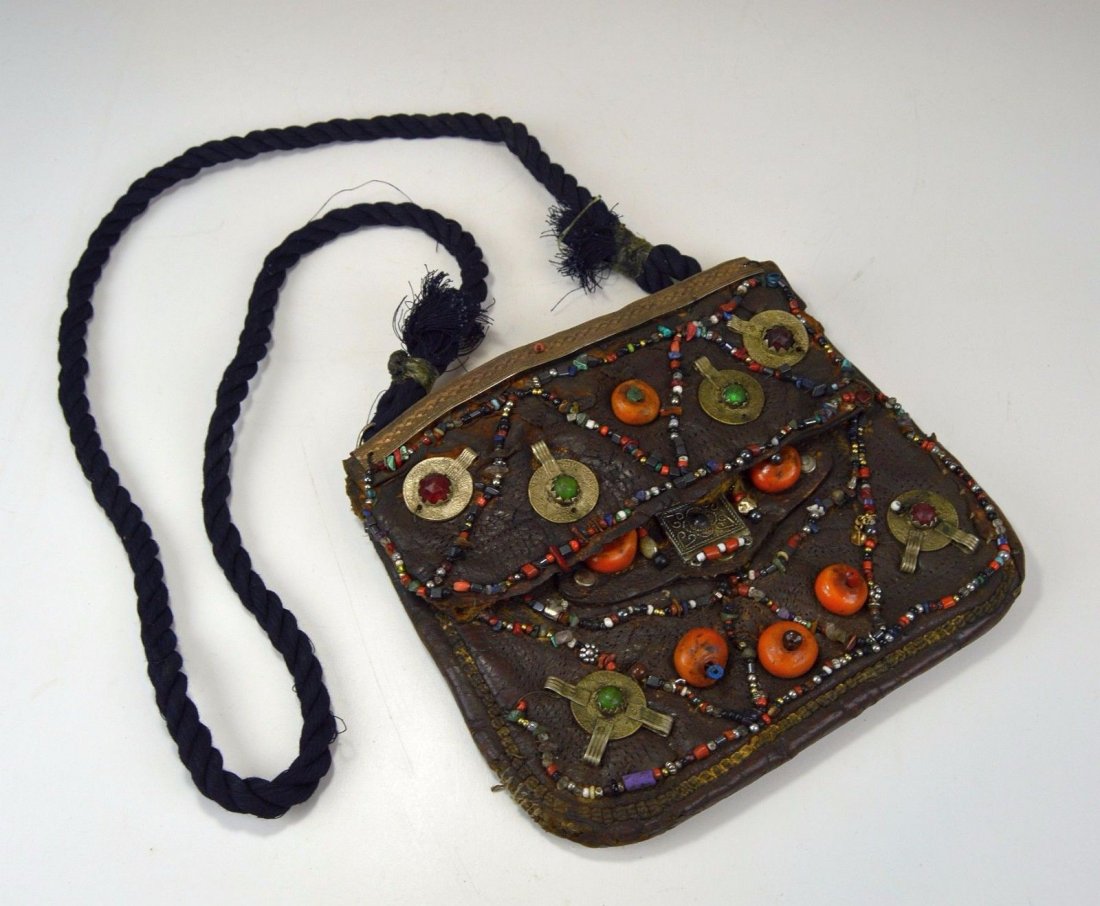 Old Berber Moroccan Leather Purse Stone & Bead design (1 of 4)