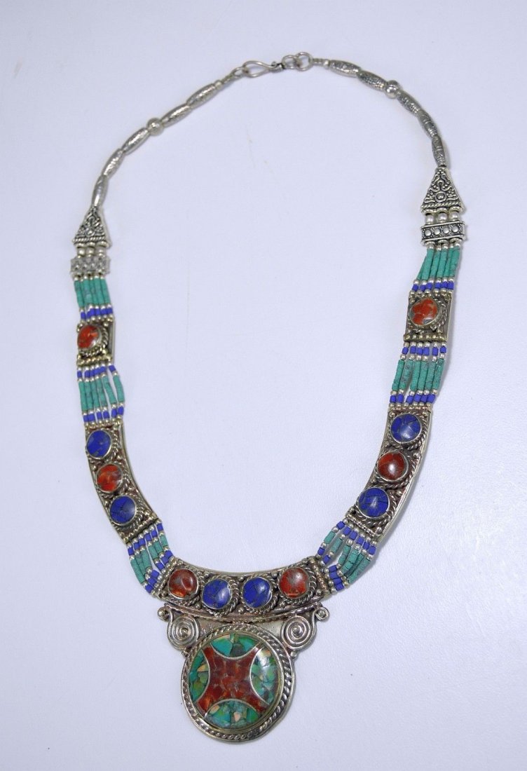 Vintage Lapis Turquoise Carnelian Stone Tribal Necklace: This is a wonderful vintage hand made silver blend Lapis, Turquoise, Carnelian stone Necklace from Morocco , North Africa. An ornate example with a lovely circular pendant with colorful antique glass 