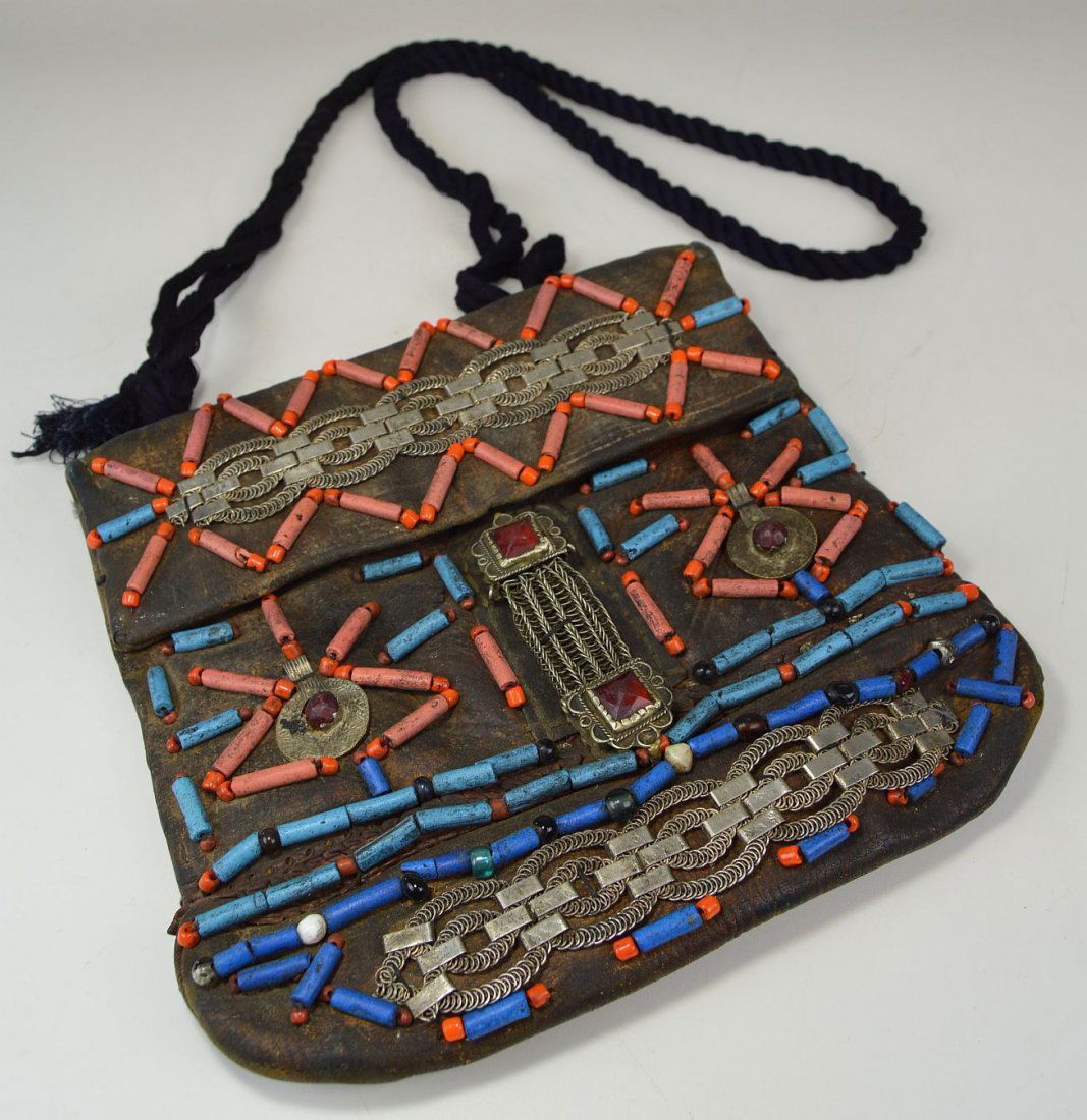 Old Moroccan Leather Purse elaborate bead stone design (1 of 3)