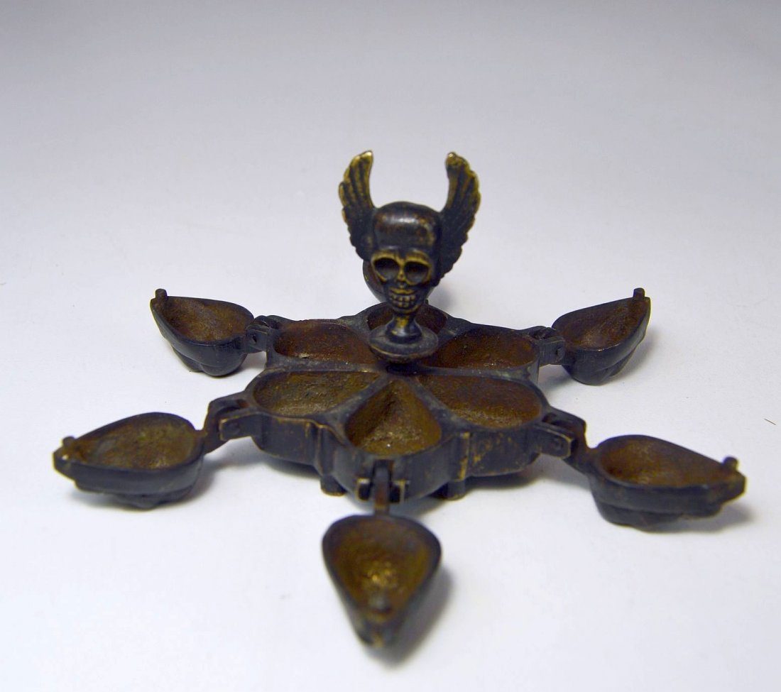 Old Ritual Bronze Oil lamp with Skull Motif (1 of 7)