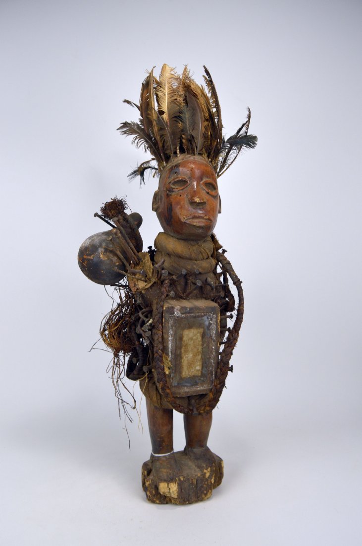 Tall Yombe Kongo Magic fetish with feather headdress (1 of 6)