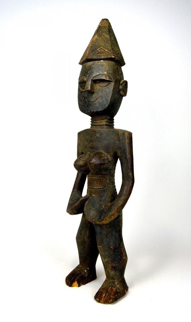 Rare Mende Female Ancestor sculpture, African Art: An unusual vintage carved wooden sculpture of a Female ancestor from the Mende or related ethnic group, Sierra leone, West Africa. featuring a tall conical hat, ribbed neck , cubistic facial treatment