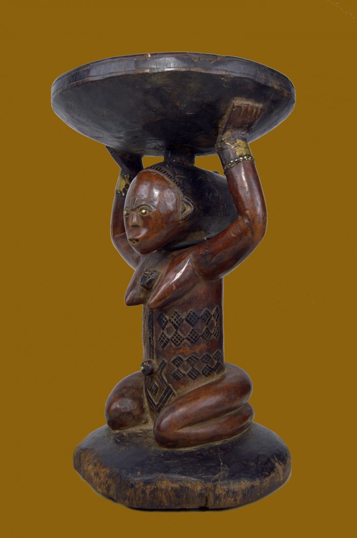 FINE LUBA CARYATID STOOL WITH FEMALE ANCESTOR (1 of 10)