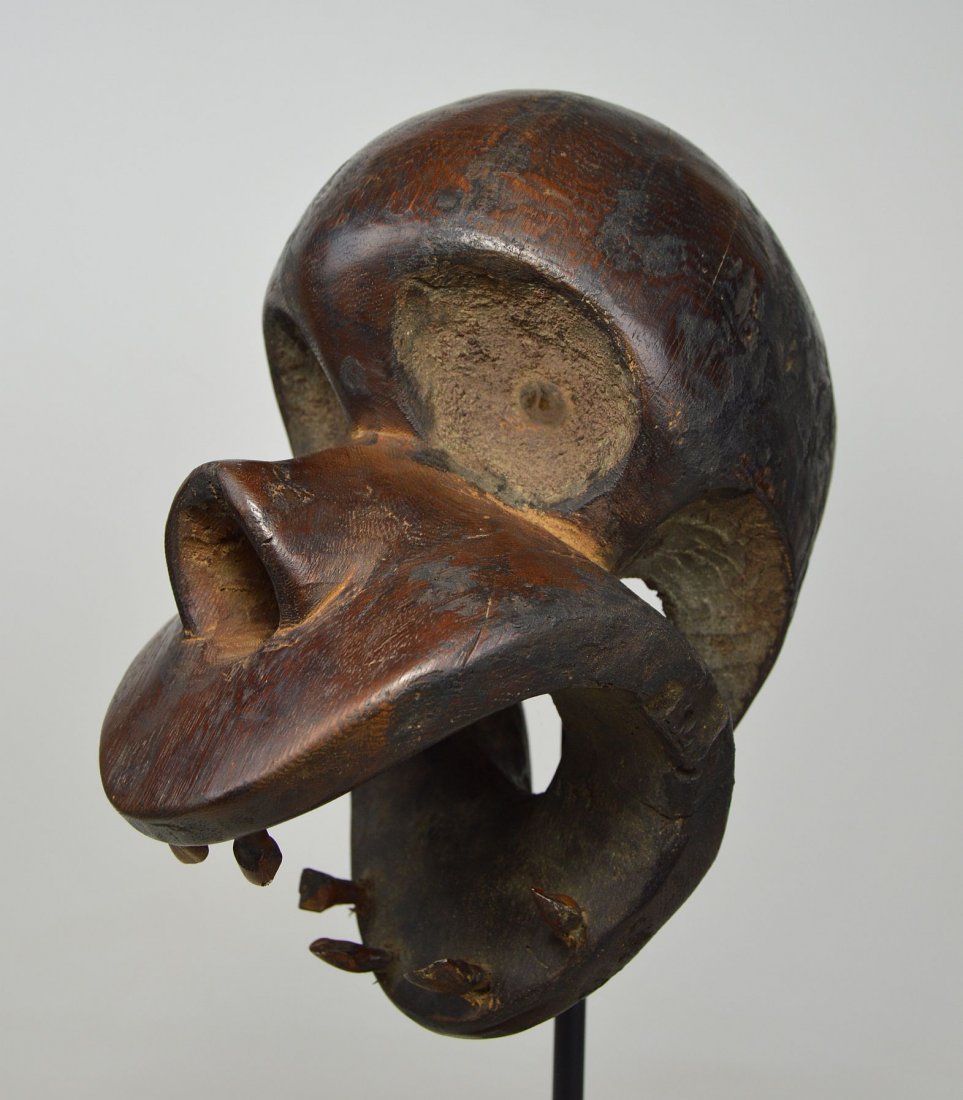 BULU MONKEY SKULL SHAPED MASK: A carved wooden mask in the form of a gorilla or monkey skull with real inset teeth. Bulu peoples, Cameroon, Africa. The mask measures 10.5 inches. There is no display stand included.
