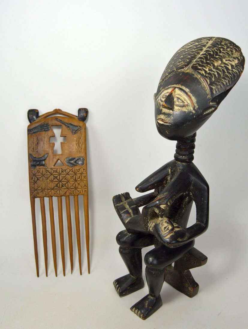 PAIR OF ASHANTI SCULPTURES COMB AND MATERNITY STATUE (1 of 4)