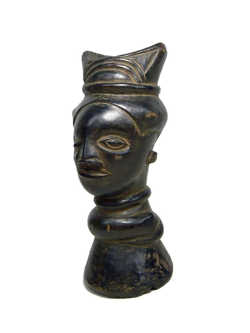 KUBA PALM WINE CUP WITH SERPENT MOTIF: A carved wooden beaker or cup with ancestor face and serpent design around the neck. traditionally used as ceremonial palm wine containers. Kuba peoples, DRC/ Congo, Africa. The Cup measures 8 inches 