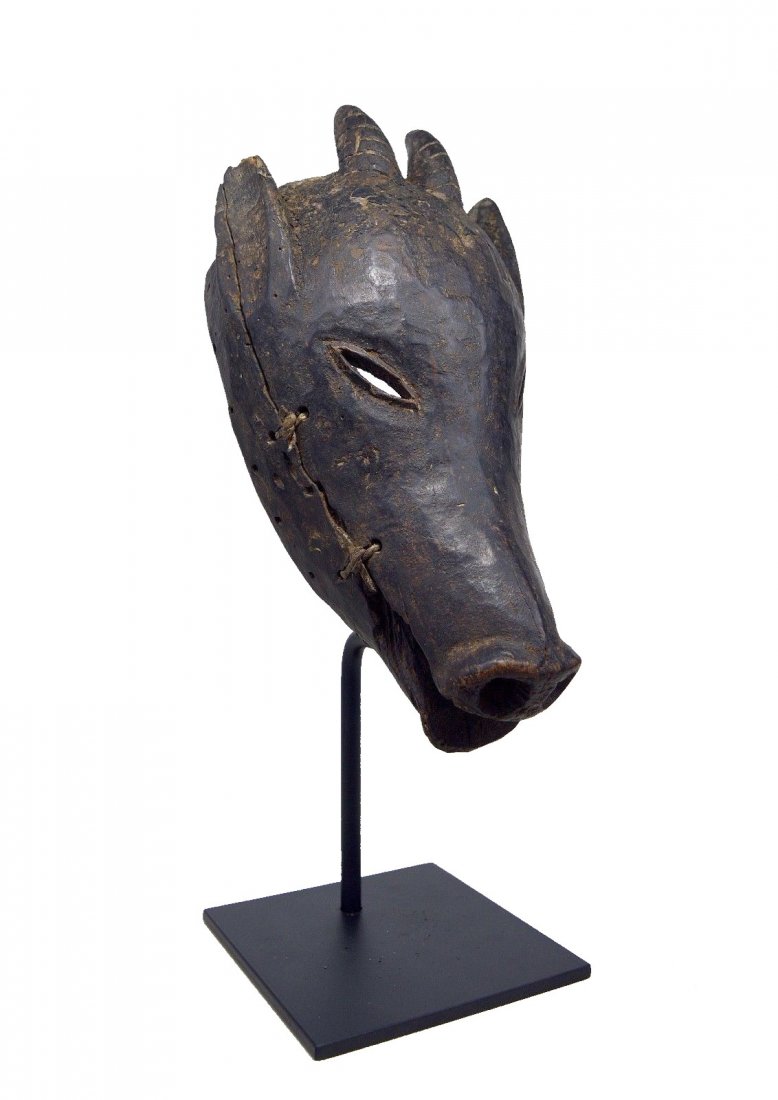 Striking Old Guro Zoomorphic African Mask: A Very rare, old and interesting wooden dance mask from the Guro peoples, Ivory Coast, Africa. Carved wood, with well weathered and well handled surface patina, with a black painted surface. This mask