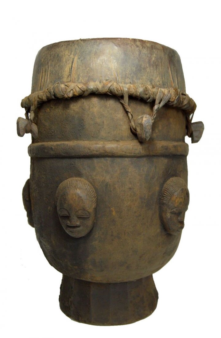 A Rare Old Baule Tribal Drum with Mask Faces, African (1 of 6)