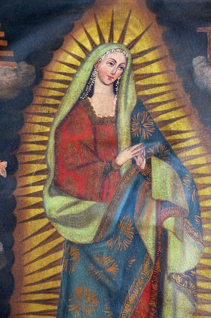Virgin of Guadalupe Painting on Canvas Cusco Peru Icon: This is a very beautiful vintage to antique oil painting on canvas of the "Virgin of Guadalupe' Or Mother Mary. This older painting was at one time framed , as you can see where the canvas was previou