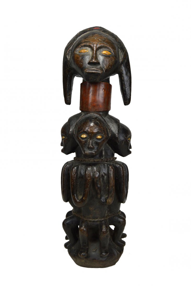 Incredible Fang Ancestor Sculpture, African Art: A Vintage sculpture of a Fang Ancestor reliquary with multiple ancestor figures and central Byeri head with bone collar accent. The Sculpture measures 26 inches tall. Fang Peoples, Gabon, Africa.