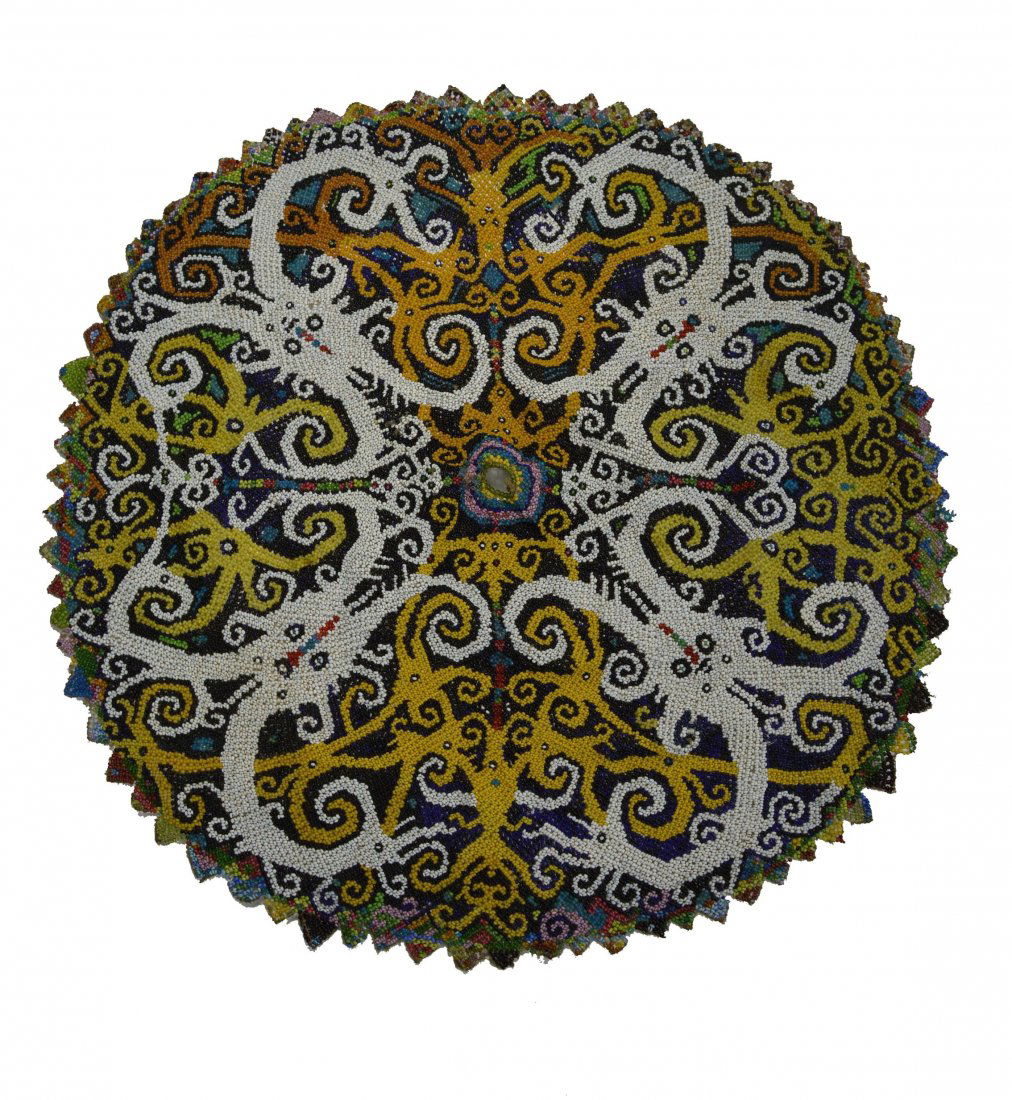 Intricate Dayak Beaded Hat Panel with Stylized Dragons (1 of 3)