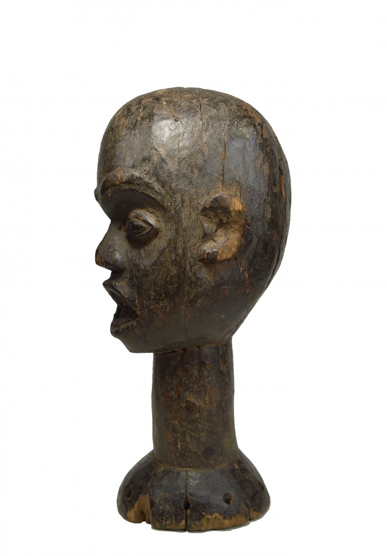 A Rare Old Idoma Head Crest, Headdress, African Art: Very well handled and worn old carved wooden bust of an ancestor with open mouth, carved teeth, wide open eyes and an overall energetic expression. Idoma or related ethnic group, Nigeria, Africa. The