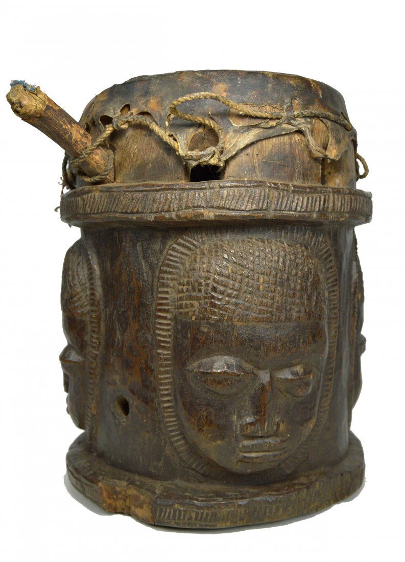 Old Yoruba Four Faces on Drum, African Art & Music (1 of 8)