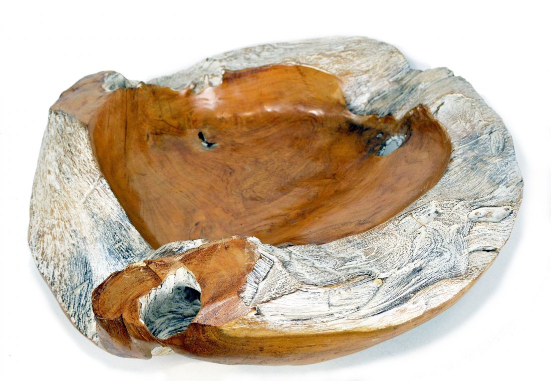 Enormous Heavy Teak Wood Centerpiece Bowl: A hand carved wood finished bowl with a wonderful natural shape and huge size. The bowl measures 23.5 inches across and has a 32 lbs shipping weight. Found in Tegallalan , Bali, Indonesia.