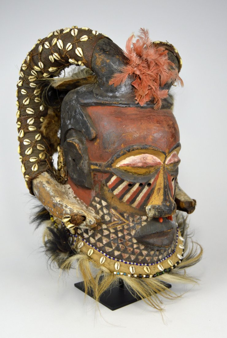 A Kuba Nyet Helmet Mask with Horns and Adornment (1 of 7)