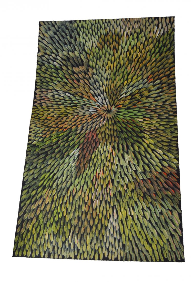 Aboriginal painting Bush Leaf Medicine Margaret Scobie: A fine Aboriginal painting on canvas \"Bush Leaf Medicine\" by Margaret Scobie. The painting measures 31 x 20 inches. Unframed canvas. About the Artist: Margaret Scobie was born 1948 in Woola Downs, U