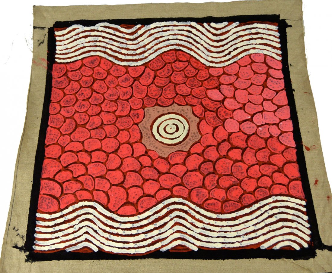 Aboriginal Dreamtime painting on Canvas Margaret Scobie: A fine Aboriginal Dream Time painting on canvas by Margaret Scobie. The painting measures 29 x 29 inches. Unframed canvas. About the Artist: Margaret Scobie was born 1948 in Woola Downs, Utopia, North