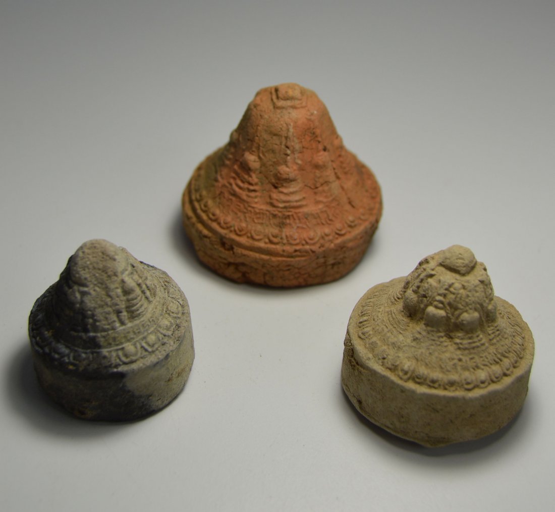Set of Three Buddhist Tsa Tsa Clay Stupa Offerings (1 of 4)